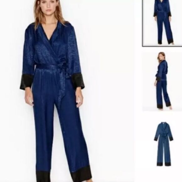 Victoria’s Secret Sleep one piece Belted Satin Romper pj long sleeve pajama Blue - Picture 4 of 5